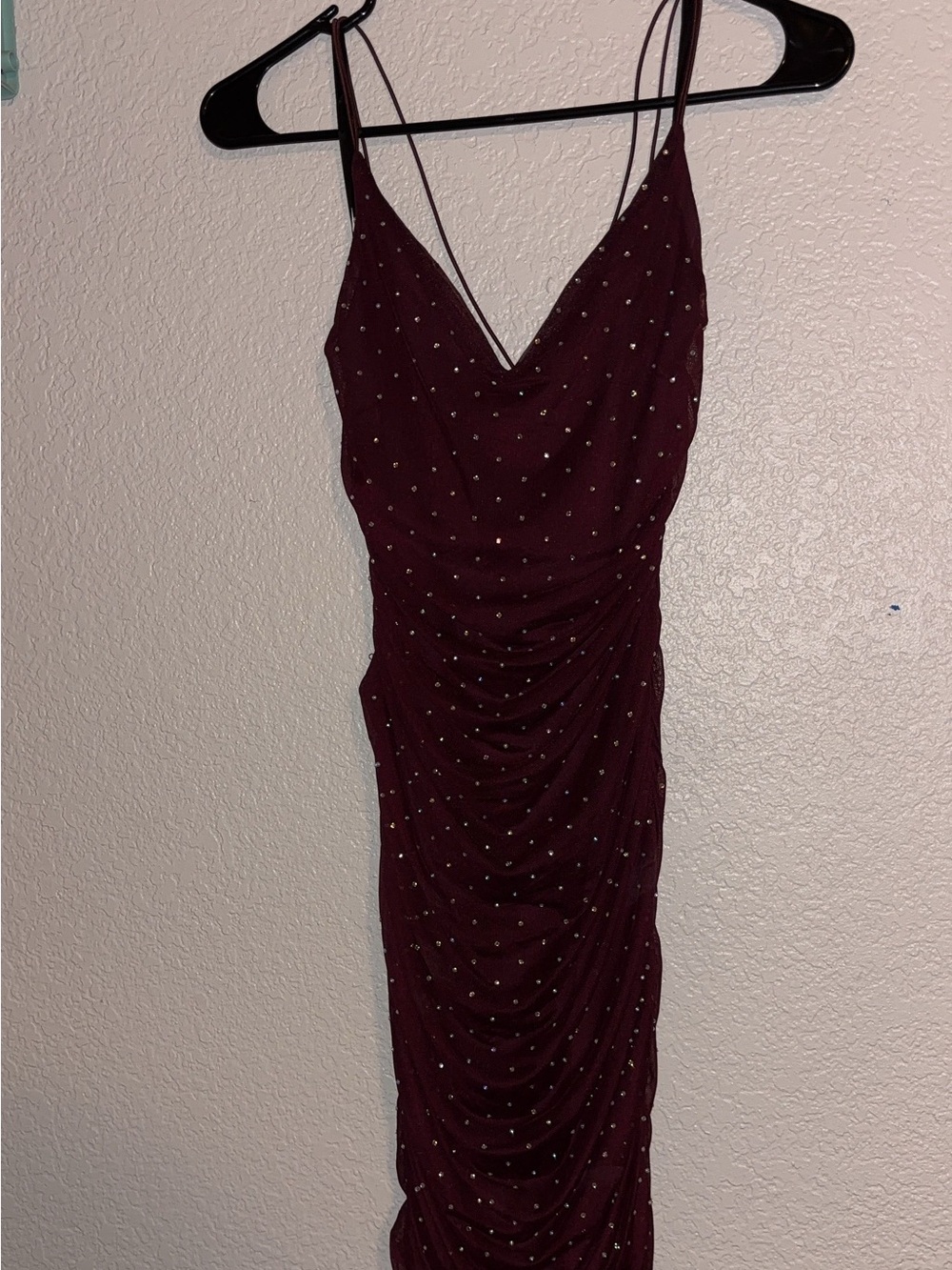 Spaghetti Strap Ruched Burgundy Dress with Stud Detail